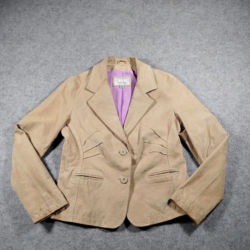 Wilsons Leather Maxima Suede Blazer Jacket Women's Large Tan Beige Vintage Y2K